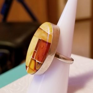 Sterling Silver Bezel Set Mosaic Amber Ring